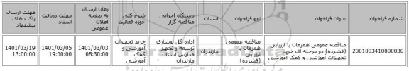مناقصه عمومی همزمان با ارزیابی (فشرده) دو مرحله ای خرید تجهیزات آموزشی و کمک آموزشی