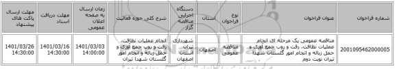 مناقصه عمومی یک مرحله ای انجام عملیات نظافت، رفت و روب جمع آوری و حمل زباله و انجام امور گلستان شهدا تیران نوبت دوم