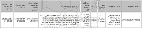 مناقصه عمومی یک مرحله ای ‌تکمیل سوله شماره 4 مرکز سنجش کرمان