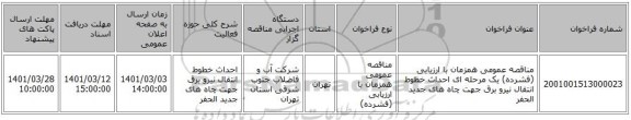 مناقصه عمومی همزمان با ارزیابی (فشرده) یک مرحله ای احداث خطوط انتقال نیرو برق جهت چاه های جدید الحفر