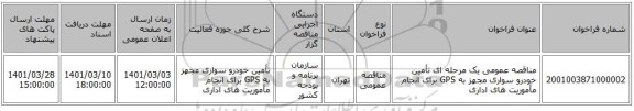 مناقصه عمومی یک مرحله ای تأمین خودرو سواری مجهز به GPS برای انجام مأموریت های اداری