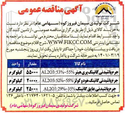 مناقصه جرم پاشیدنی کانینک پری هیتر AL2P3:53%-55% و....