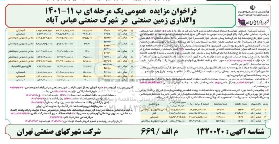 مزایده، مزایده واگذاری زمین صنعتی در شهرک صنعتی     نوبت دوم
