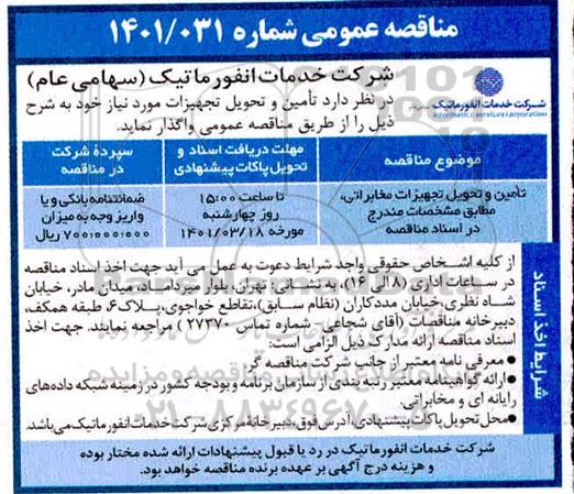 مناقصه تامین و تحویل تجهیزات مخابراتی