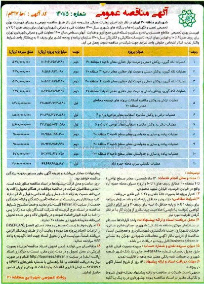 مناقصه عملیات لکه گیری ، روکش دستی و مرمت نوار حفاری....