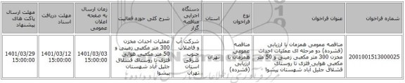 مناقصه عمومی همزمان با ارزیابی (فشرده) دو مرحله ای عملیات احداث مخزن 300 متر مکعبی زمینی و 50 متر مکعبی هوایی فلزی تا روستای قشلاق جلیل آباد شهستان پیشوا