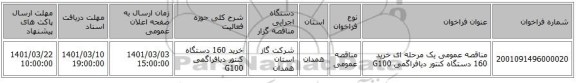 مناقصه عمومی یک مرحله ای خرید 160 دستگاه کنتور دیافراگمی G100