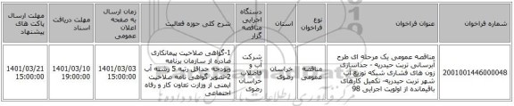 مناقصه عمومی یک مرحله ای طرح آبرسانی تربت حیدریه - جداسازی زون های فشاری شبکه توزیع آب شهر تربت حیدریه- تکمیل کارهای باقیمانده از اولویت اجرایی 98