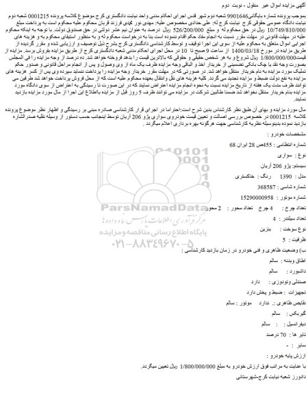 مزایده فروش خودرو سواری  سیستم: پژو 206 آریان  مدل :  1390      رنگ :  خاکستری    