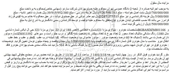 مزایده فروش خودرو سواری مزدا 323