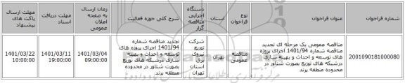 مناقصه عمومی یک مرحله ای تجدید مناقصه شماره 1401/94 اجرای پروژه های توسعه و احداث و بهینه سازی درشبکه های توزیع بصورت شناور در محدوده منطقه پرند