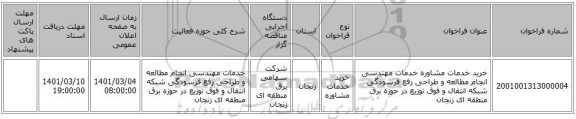 خرید خدمات مشاوره خدمات مهندسی انجام مطالعه و طراحی رفع فرسودگی شبکه انتقال و فوق توزیع در حوزه برق منطقه ای زنجان