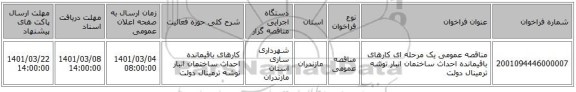 مناقصه عمومی یک مرحله ای کارهای باقیمانده احداث ساختمان انبار توشه ترمینال دولت