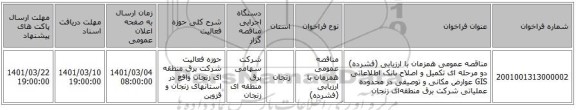 مناقصه عمومی همزمان با ارزیابی (فشرده) دو مرحله ای تکمیل و اصلاح بانک اطلاعاتی GIS عوارض مکانی و توصیفی در محدوده عملیاتی شرکت برق منطقه‌ای زنجان 