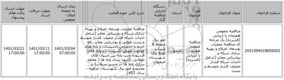 مناقصه عمومی همزمان با ارزیابی (فشرده) یک مرحله ای مناقصه عملیات توسعه، اصلاح و بهینه سازی شبکه  و روشنایی معابر (شامل احداث شبکه فشار ضعیف، فشار متوسط و پست 