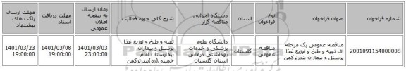 مناقصه عمومی یک مرحله ای تهیه و طبخ و توزیع غذا پرسنل و بیماران بندرترکمن