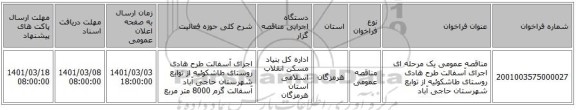 مناقصه عمومی یک مرحله ای اجرای آسفالت طرح هادی روستای طاشکوئیه  از توابع شهرستان حاجی آباد
