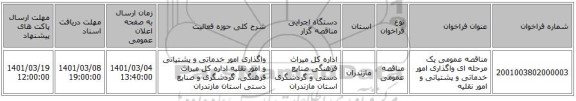 مناقصه عمومی یک مرحله ای واگذاری امور خدماتی و پشتیانی و امور نقلیه