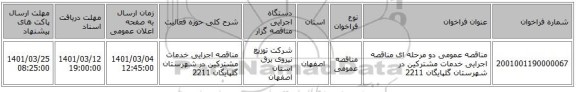 مناقصه عمومی دو مرحله ای مناقصه  اجرایی خدمات مشترکین  در شهرستان گلپایگان 2211