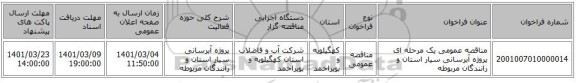 مناقصه عمومی یک مرحله ای پروژه آبرسانی سیار استان و رانندگان مربوطه