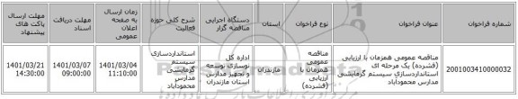 مناقصه عمومی همزمان با ارزیابی (فشرده) یک مرحله ای استانداردسازی سیستم گرمایشی مدارس محمودآباد