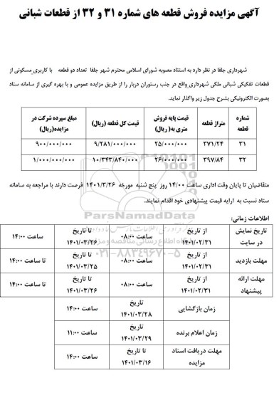 مزایده فروش قطعه های شماره 31 و 32 از قطعات شبانی