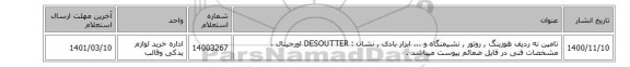 تامین نه ردیف هوزینگ , روتور , نشیمنگاه و ...  ابزار بادی ,  نشان : DESOUTTER اورجینال ، مشخصات فنی در فایل ضمائم پیوست میباشد .