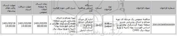 مناقصه عمومی یک مرحله ای تهیه مصالح و اجرای روشنایی مسیر منطقه نمونه گردشگری نولار نیر بر اساس فهرست بهاء (ابنیه و توزیع نیروی برق 1401)