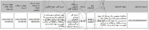 مناقصه عمومی یک مرحله ای تهیه مصالح و بهسازی و آسفالت  راه دسترسی به پروژه گردشگری نوالار نیر و سلطان ساوالان بر اساس فهرست بهاء (راه و باند 1401)