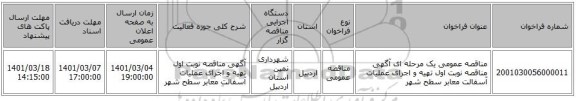 مناقصه عمومی یک مرحله ای آگهی مناقصه نوبت اول تهیه و اجرای عملیات آسفالت  معابر سطح شهر 