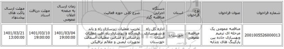 مناقصه عمومی یک مرحله ای ترمیم وبهسازی جاده بین پارکینگ های چذابه