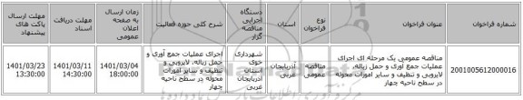 مناقصه عمومی یک مرحله ای اجرای عملیات جمع آوری و حمل زباله، لایروبی و تنظیف و سایر امورات محوله در سطح ناحیه چهار 