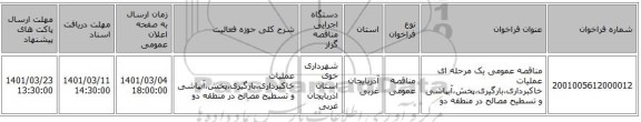 مناقصه عمومی یک مرحله ای عملیات خاکبرداری،بارگیری،پخش،آبپاشی و تسطیح مصالح در  منطقه دو