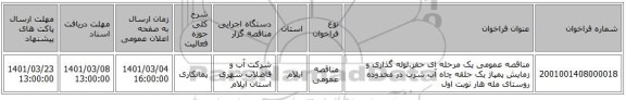 مناقصه عمومی یک مرحله ای حفر،لوله گذاری و زمایش پمپاژ یک حلقه چاه آب شرب در محدوده روستای مله هار نوبت اول