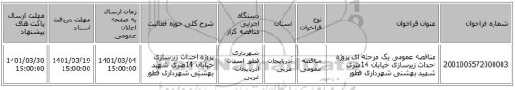 مناقصه عمومی یک مرحله ای پروژه احداث زیرسازی خیابان 14متری شهید بهشتی شهرداری قطور