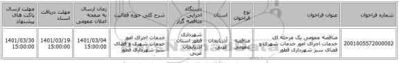 مناقصه عمومی یک مرحله ای خدمات اجرای امور خدمات شهری و فضای سبز شهرداری قطور