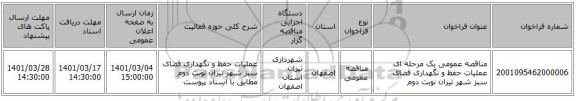 مناقصه عمومی یک مرحله ای عملیات حفظ و نگهداری فضای سبز شهر تیران نوبت دوم