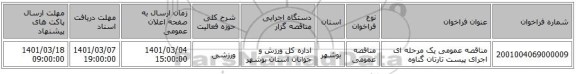 مناقصه عمومی یک مرحله ای اجرای پیست تارتان گناوه