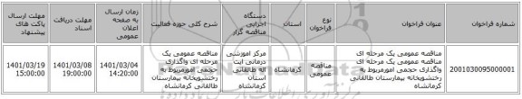 مناقصه عمومی یک مرحله ای مناقصه عمومی یک مرحله ای واگذاری حجمی امورمربوط به رختشویخانه بیمارستان طالقانی کرمانشاه 