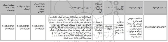 مناقصه عمومی همزمان با ارزیابی (فشرده) یک مرحله ای انجام عملیات شبکه جمع‌آوری آبهای سطحی شهر چناران 