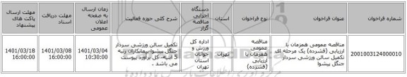 مناقصه عمومی همزمان با ارزیابی (فشرده) یک مرحله ای تکمیل سالن ورزشی سردار جنگل پیشوا