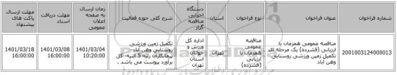 مناقصه عمومی همزمان با ارزیابی (فشرده) یک مرحله ای تکمیل زمین ورزشی روستایی وهن آباد