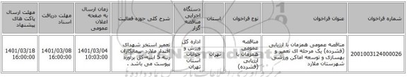 مناقصه عمومی همزمان با ارزیابی (فشرده) یک مرحله ای تعمیر و بهسازی و توسعه اماکن ورزشی شهرستان ملارد