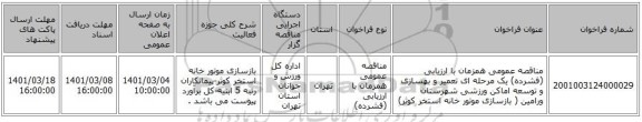مناقصه عمومی همزمان با ارزیابی (فشرده) یک مرحله ای تعمیر و بهسازی و توسعه اماکن ورزشی شهرستان ورامین ( بازسازی موتور خانه استخر کوثر)