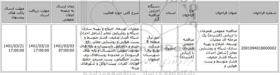 مناقصه عمومی همزمان با ارزیابی (فشرده) یک مرحله ای عملیات توسعه، اصلاح و بهینه سازی شبکه  و روشنایی معابر (شامل احداث شبکه فشار ضعیف، فشار متوسط و پست هوایی و