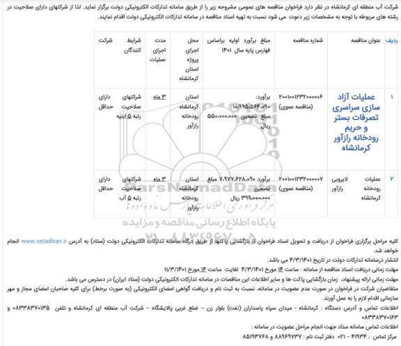 مناقصه عمومی عملیات آزادسازی سراسری تصرفات بستر و حریم رودخانه ...