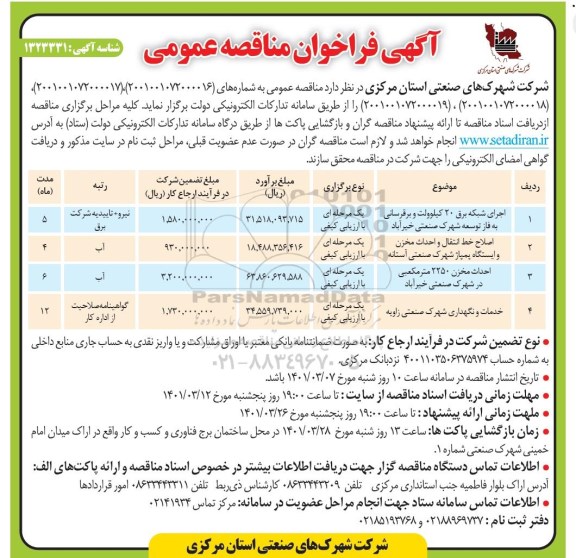 فراخوان مناقصه احداث شبکه برق 20 کیلوولت و برقرسانی فاز توسعه و ...
