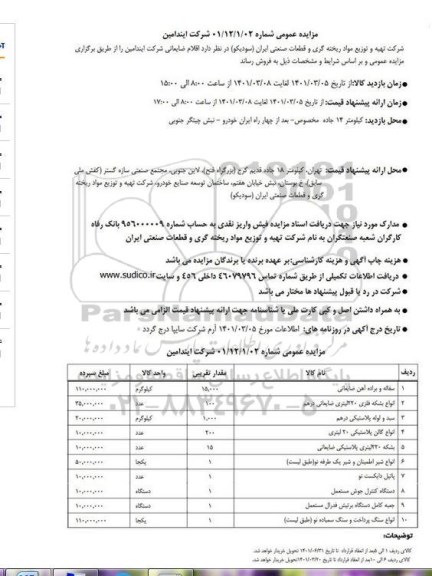 مزایده فروش اقلام ضایعاتی شرکت ایندامین