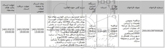 مناقصه عمومی همزمان با ارزیابی (فشرده) یک مرحله ای عملیات اجرایی احداث مخزن  10000مترمکعبی شهرستان هفتکل و دیوار کشی و محوطه سازی