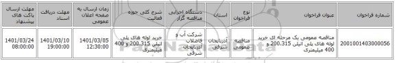 مناقصه عمومی یک مرحله ای خرید لوله های پلی اتیلن 200،315 و 400 میلیمتری
